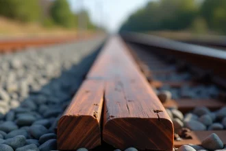 Gros plan sur une traverse de chemin de fer en bois exotique avec grain naturel et ballast gris autour