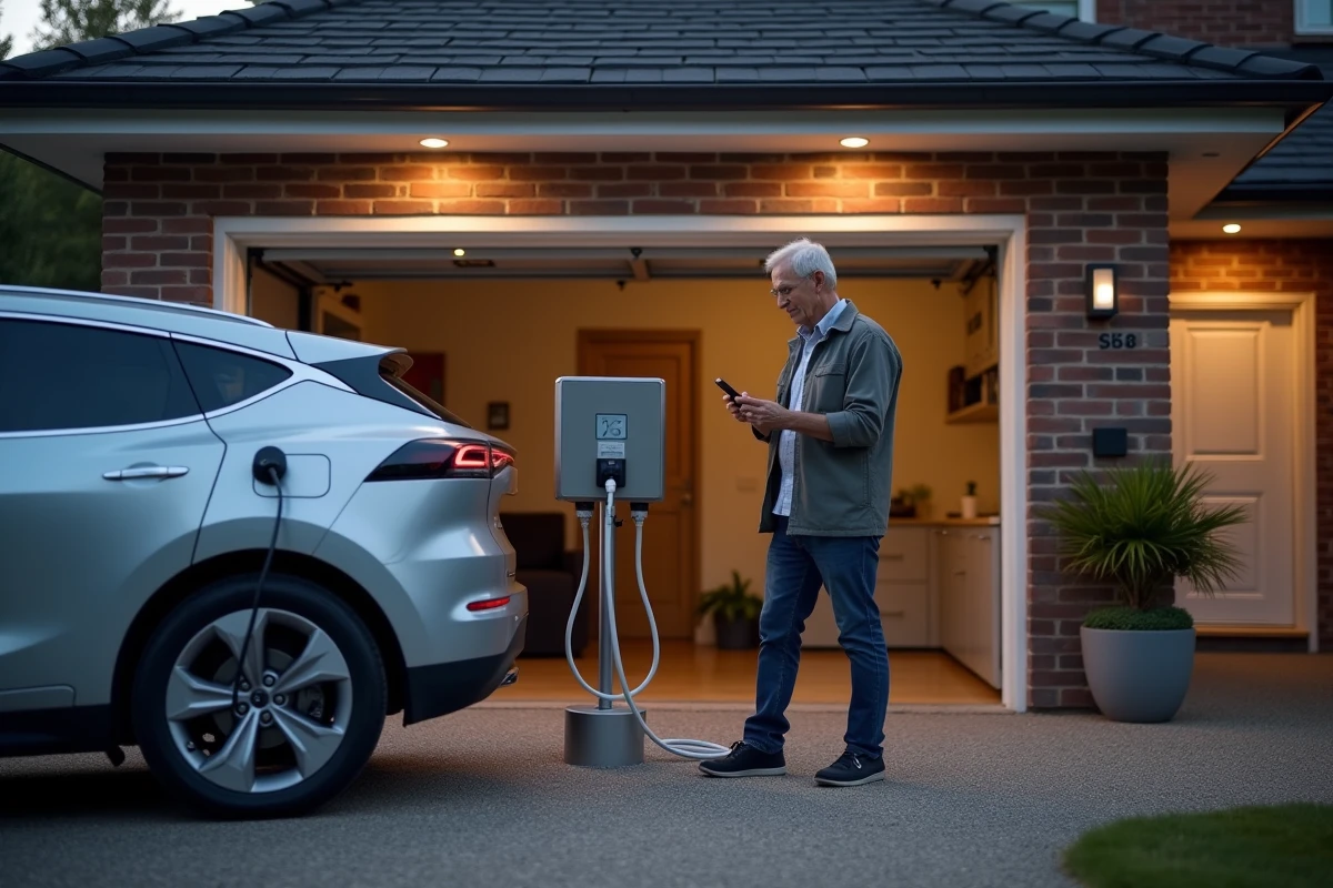 Propriétaire vérifiant la recharge de son véhicule électrique sur une borne murale installée à domicile