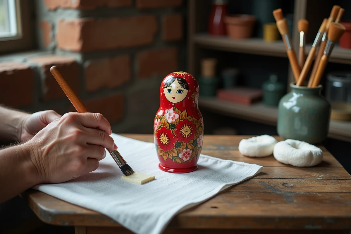 Mains appliquant du vernis protecteur sur une grande poupée Matriochka peinte dans un atelier artisanal