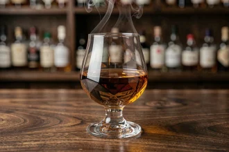 Verre cristal tulipe copita rempli de whisky single malt tourbé posé sur une table en noyer sombre, avec des reflets ambrés et des volutes de fumée