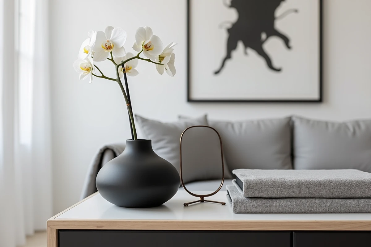 Vignette décorative minimaliste sur un buffet en noir et blanc avec vase céramique et orchidée blanche