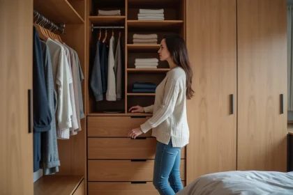 Femme devant un grand placard en bois moderne